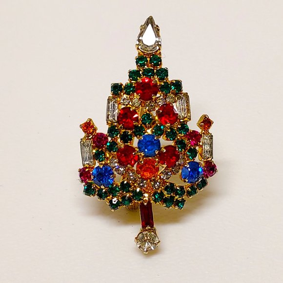 VTG JOSEPH WARNER SPARKLE JEWELED RHINESTONE GOLD TONE CHRISTMAS TREE BROOCH PIN - Picture 10 of 10